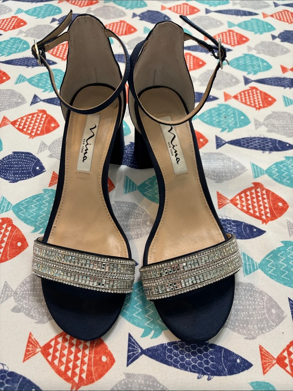 Nina Navy Crystal-Strap Block Heel Sandals 7